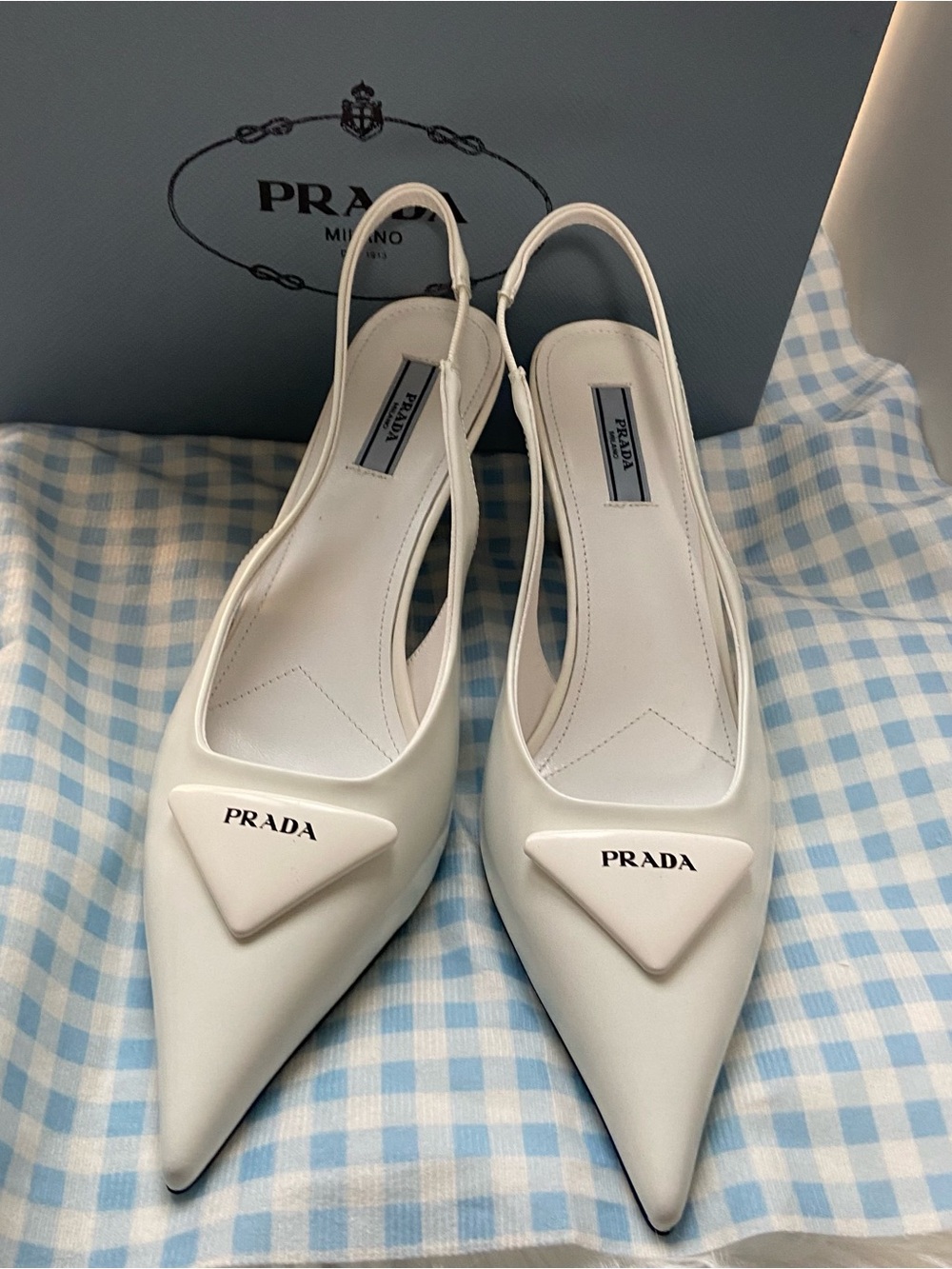 Prada White Pointed Slingback Pumps with Triangle Logo
